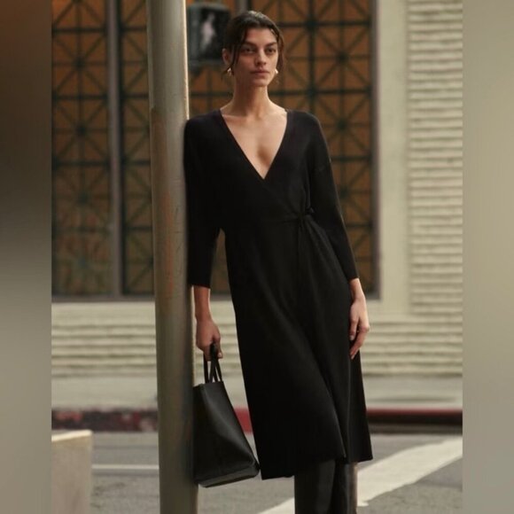 NEW Everlane The Ribbed Wrap Midi Dress Black Size XXS NWT - Picture 2 of 7